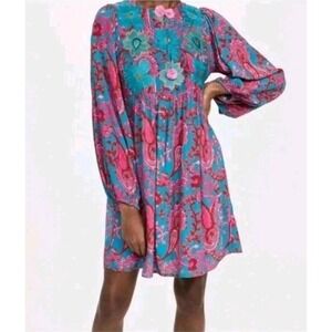 Figue Embroidered Paisley Floral Lucie Mini Dress Women's XS Teal & Pink